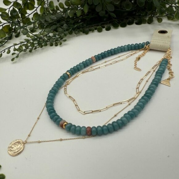 Anthropologie Serefina Aqua Stone 14K Gold Plated Three Necklace Set - Picture 1 of 5